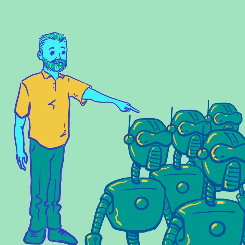Drawing of man telling robots what to do